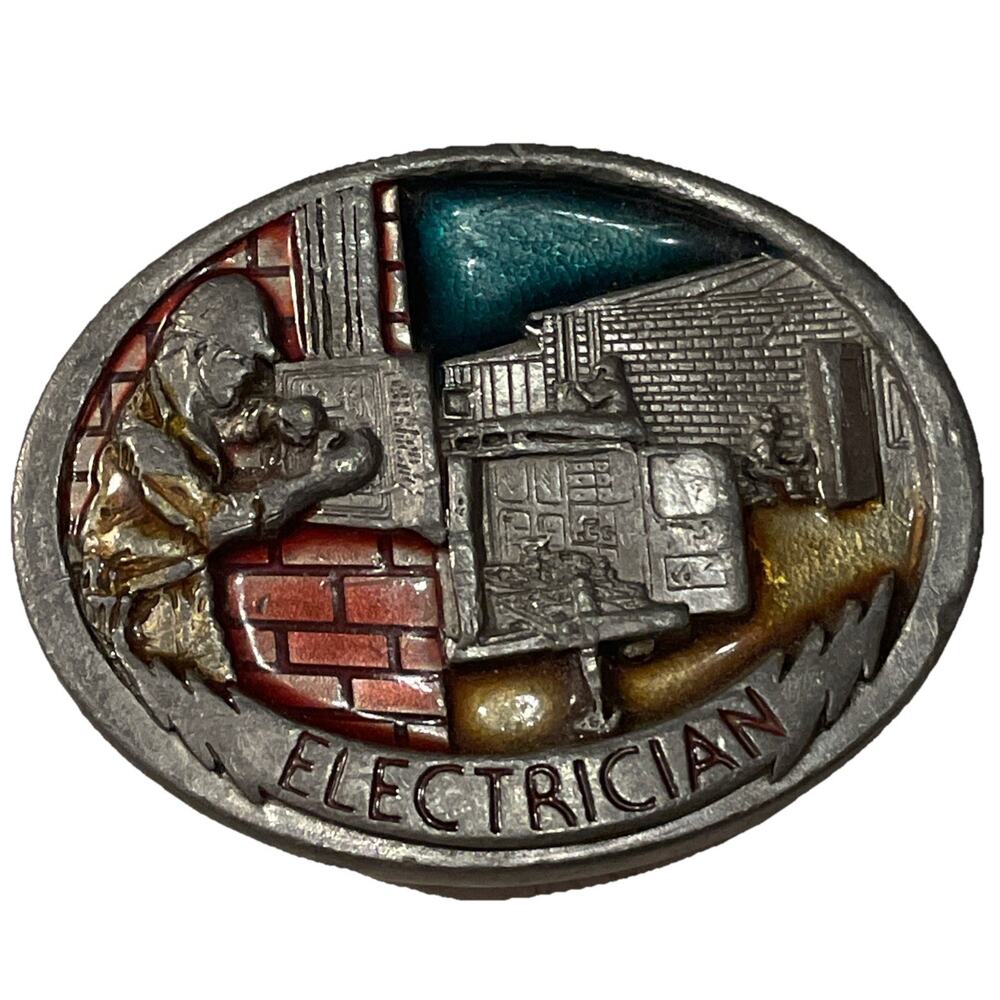 1988 C&J Vintage Electrician Pewter Enamel Belt Buckle 1054 Made USA 3.25x2.5”
